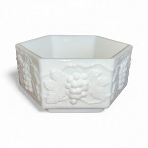 Vintage Imperial White Milk Glass Grape Leaf, Hexagon Candy Dish